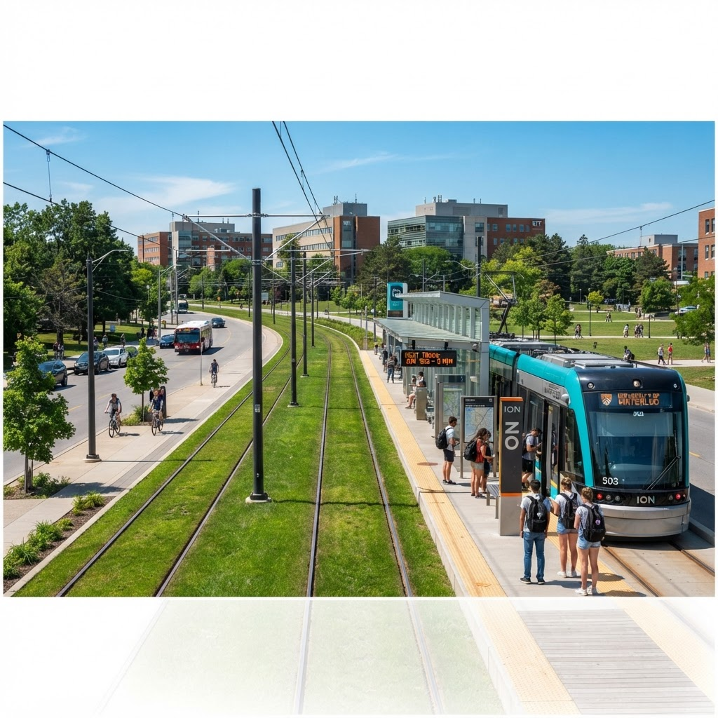 Waterloo ION light rail train at a station platform near the University of Waterloo