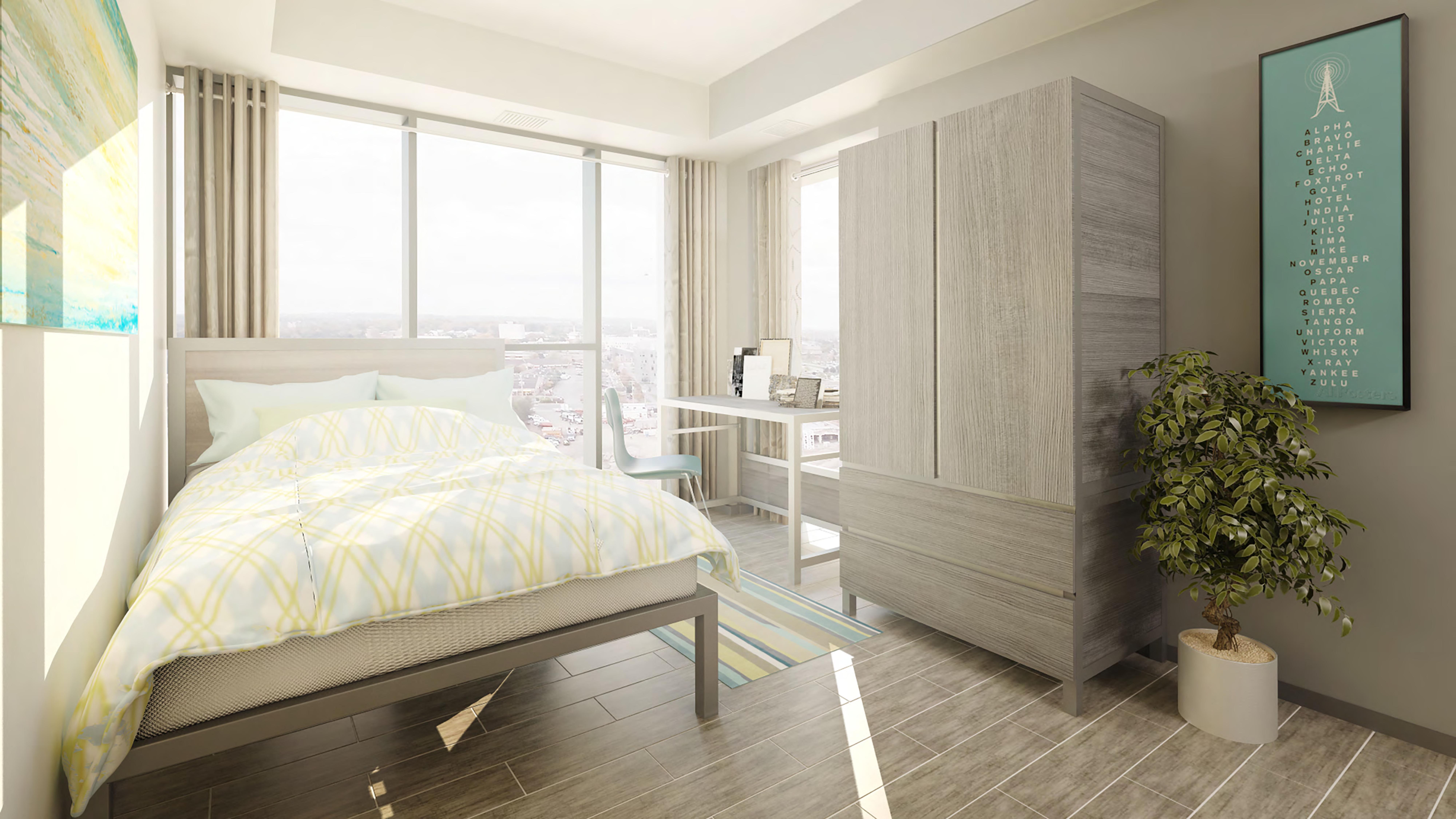 Suite 307 — bright bedroom with city view